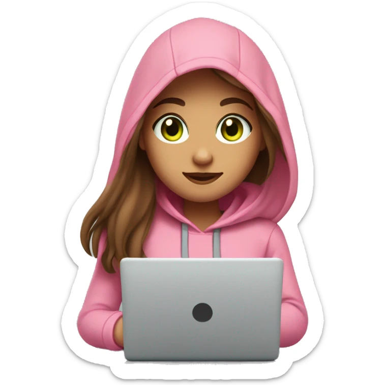 A girl with brown long hair, fair skin and green eyes, working at a modern laptop in a plain pink hoodie sticker
