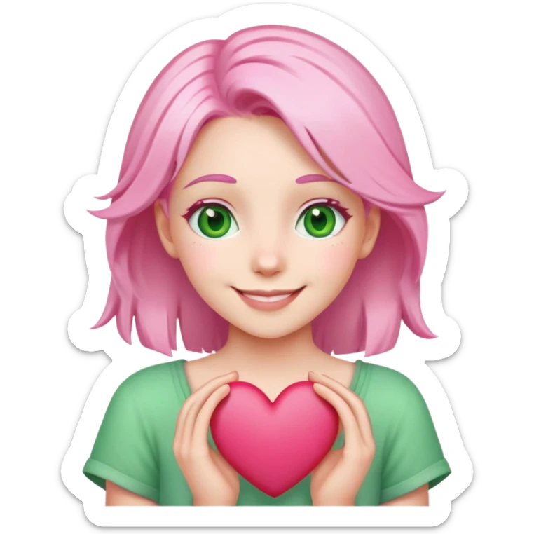 girl with pink and white hair, green eyes, smiling, holding a heart, emoji style sticker