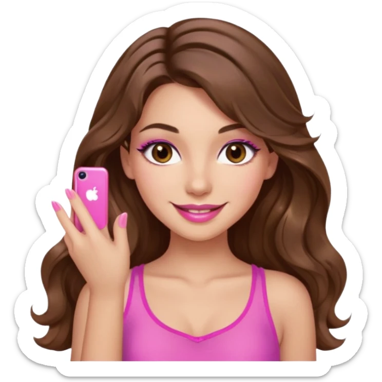 girl with long wavy brown hair, brown eyes, long lashes, sexy pink lips, light to medium complexion, wearing a pink sexy top, smiling, finger tips touching sticker