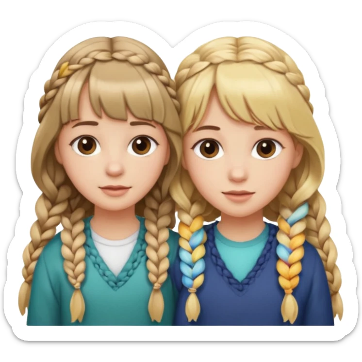 Sister with bangs and long wavy blonde hair and her sister with brown hair with bangs and longb hair braided to one side.  Close loving sisters💛 sticker