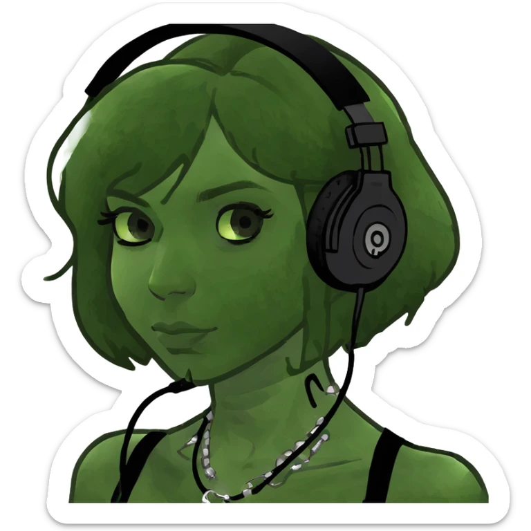 cool white girl with medium length shaggy brown hair with all black headphones and cool jewelry and a nose piercing  sticker