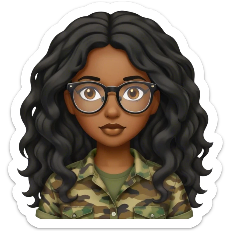 black Girl with long wavy black hair and glasses and a camo shirt sticker