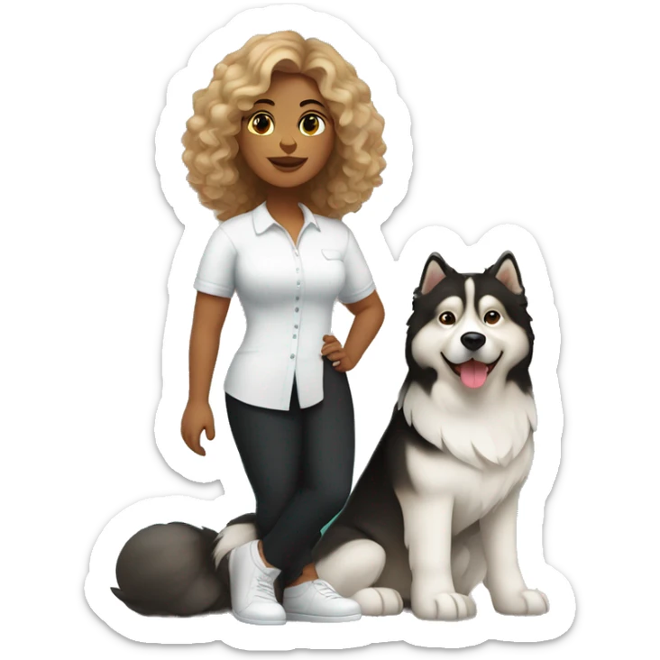 She is wearing black trousers and a white shirt. She is a cute, curvy woman with brown and blond highlight curls at shoulder length.    next to her is an Alaskan malamute dog. the dog is black with a white spot on his face  sticker