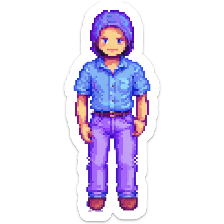 Minecraft character, pixel art style, blocky figure with blue shirt and purple pants sticker