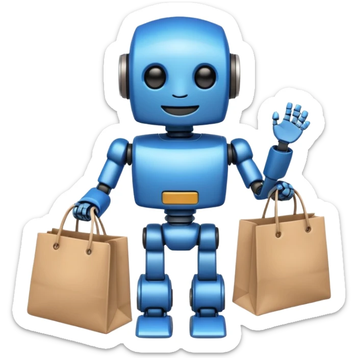 black friday robot with blue and metalic colours with bags in his hands smiling sticker
