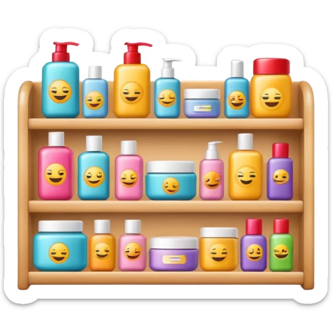 emoji of front view beauty product shelf with last item with brand label sticker