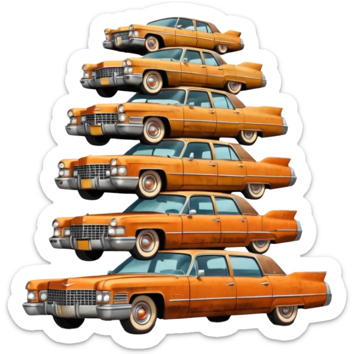 Cinematic realistic ultra HD - a pile of old vintage cadillac cars stacked in a pyramid sticker