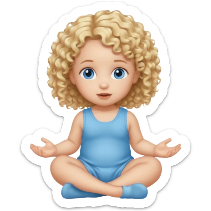 blonde curly hair blue eye baby girl sitting on the floor talking sticker