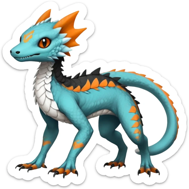 Rare realistic exotic cute white gloomy whitish and orange and cyan epic pretty beautiful handsome gorgeous aesthetic colorful vibrant Vernid-Trico-species-Fakemon-Salandit-hybrid-creature by LiLaiRa, 4 legs, 1 tail, random markings, (full body) sticker