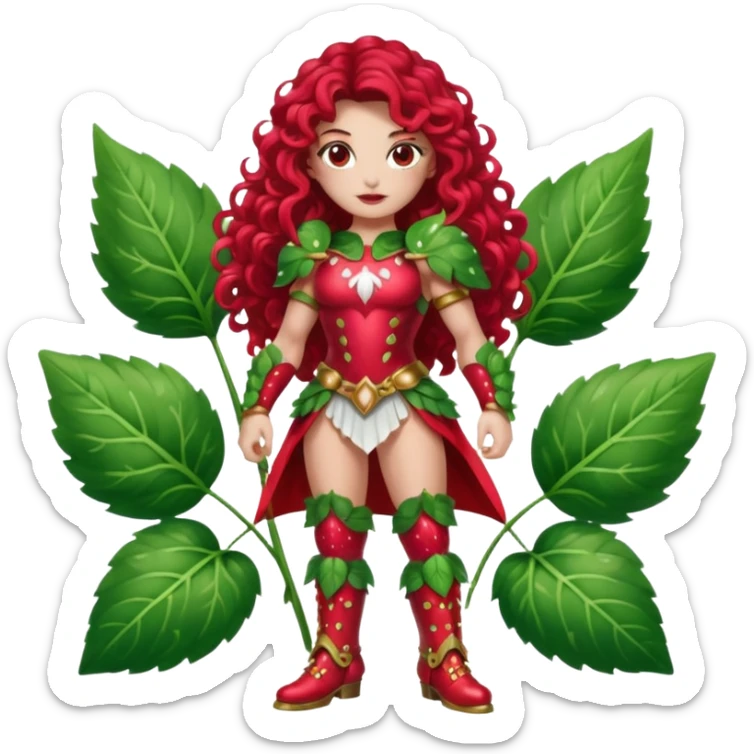 full body woman long curly brown hair brown eyes white skin tattoos muscular build dressed as strawberry spirit, glossy berry armor, leaf boots, confident pose sticker