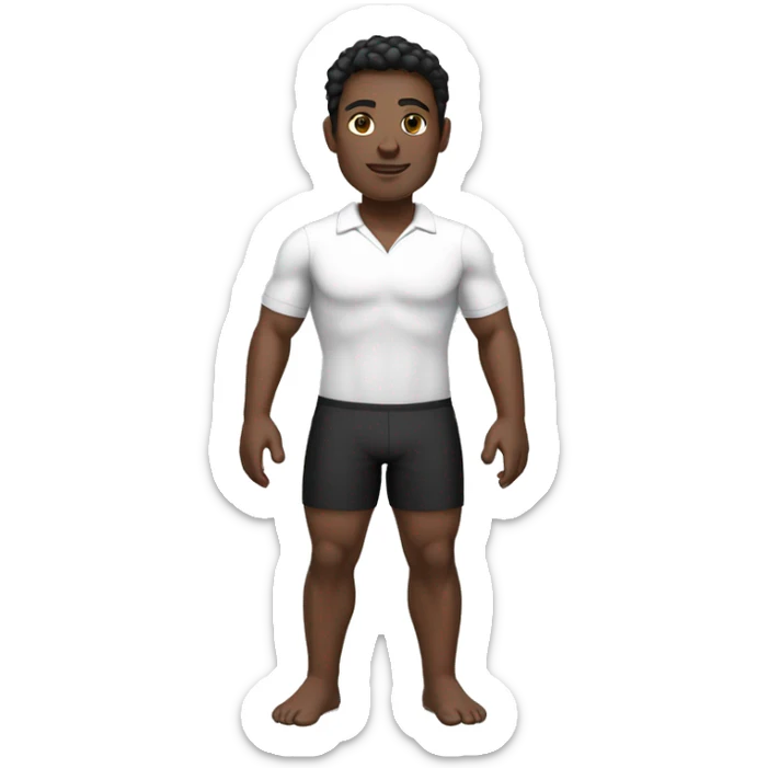 swimming teacher, dark skin, black hair, short, wearing a white shirt, black shorts, normal physical build, lower lip a little larger than the upper lip. sticker