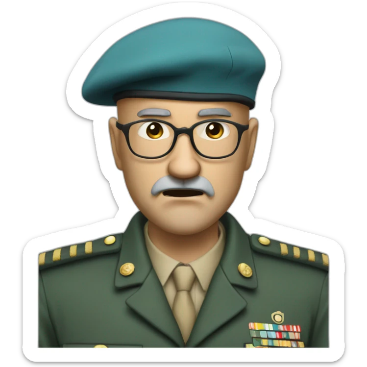 Realistic cyan beret bald very furious 50 years old man with glasses no hair furious very angry frown with khaki uniform sticker