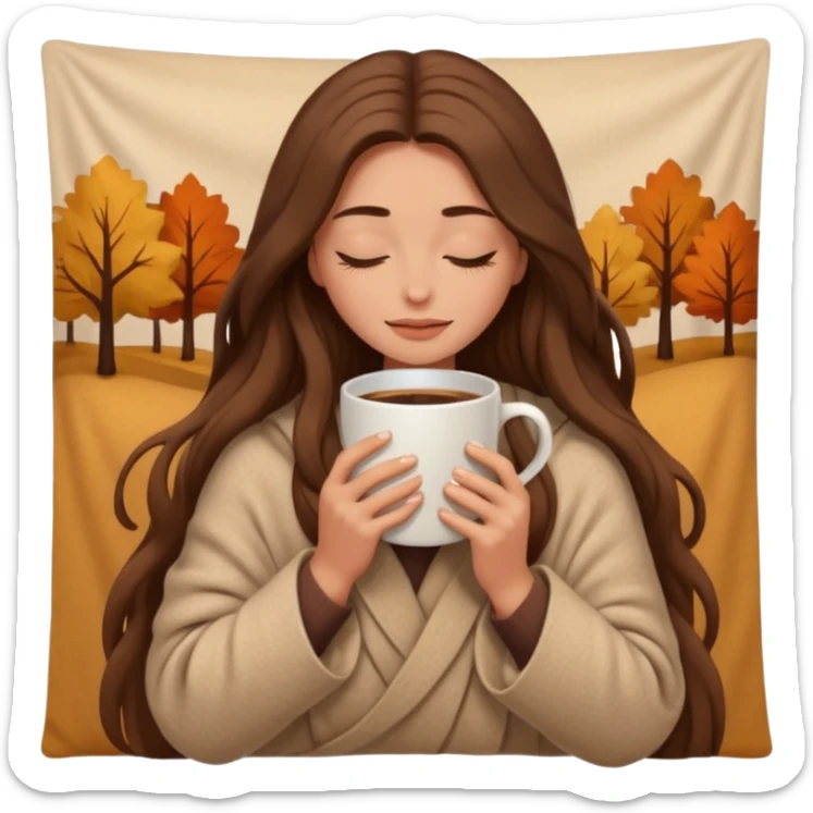 long brown hair woman closed eyes hiding under a cozy wool beige blanket, holding cup of coffee, autumn mood sticker