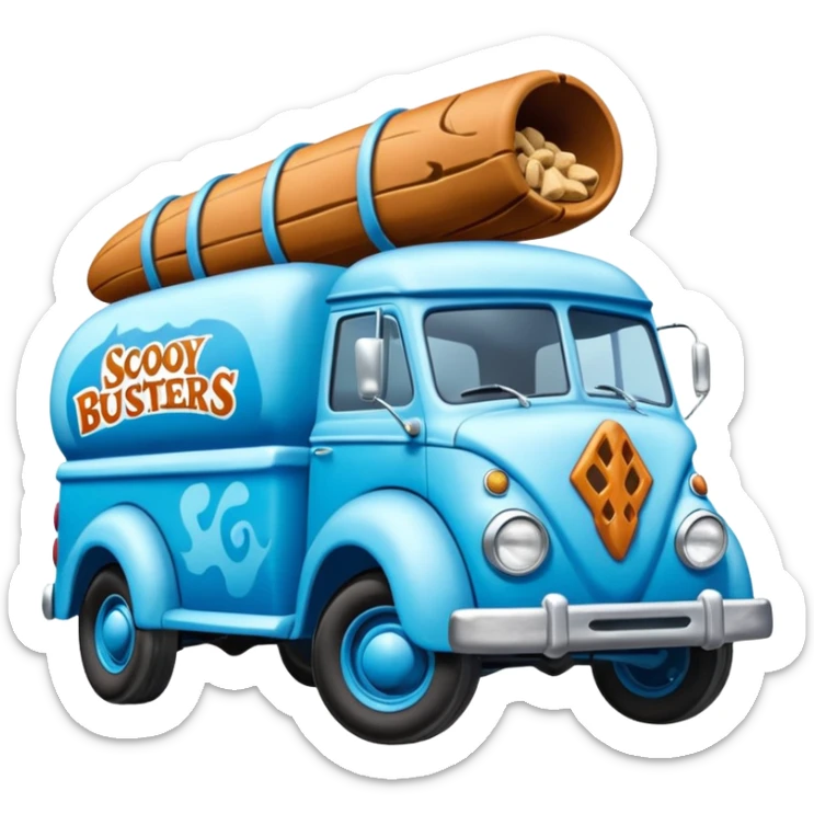 The Flintstones shiny crushed-iced-blue frozen Scooby Doo 1945  Bug busters liquidator’s antique long-wheelbase snub-nose off-road moving truck  sticker