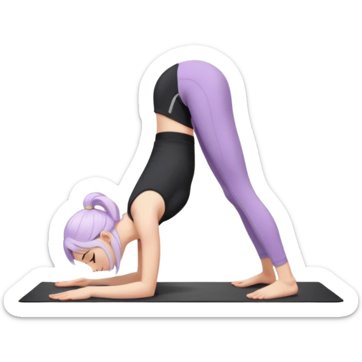 Девушка белокожая в позе собака мордой вниз, с длинными светло-лиловыми волосами, в черном топе, в серых спортивных штанах, с черными ресницами sticker