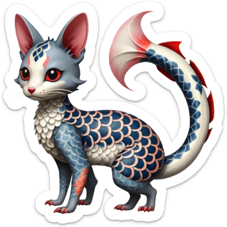 Japanese oriental Asian Edgy badass swimmy wet painted intricate ornate Japanese Asian koi-Minccino-Lykoi-Emolga-Sphynx-Linoone-Zangoose-fusion-hybrid-animal-Fakémon-creature, full body, thin long sleek scaly tail, intricate markings sticker