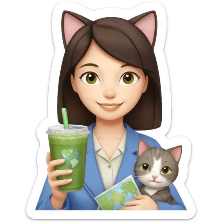 a brunette woman in here 30S drinking an iced matcha, carrying a grey cat and a map of the world sticker