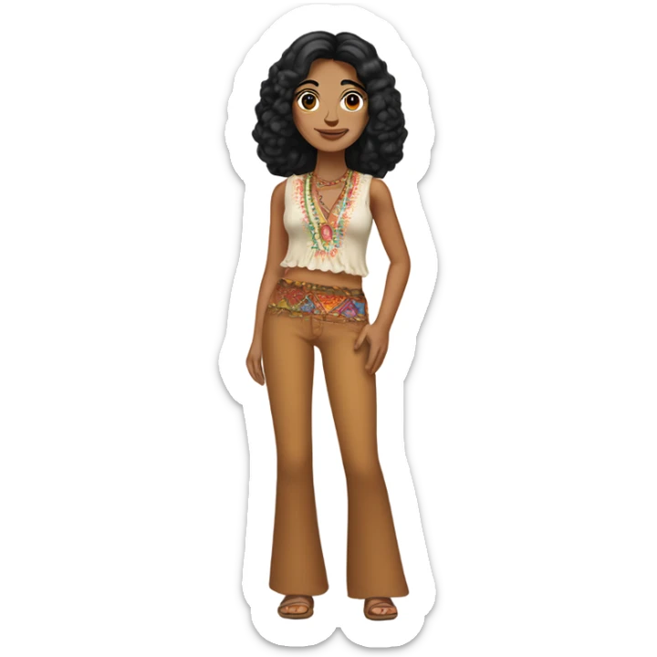 Tanned woman with black hair dressed in 1970s hippie attire, hair, makeup, and attire sticker