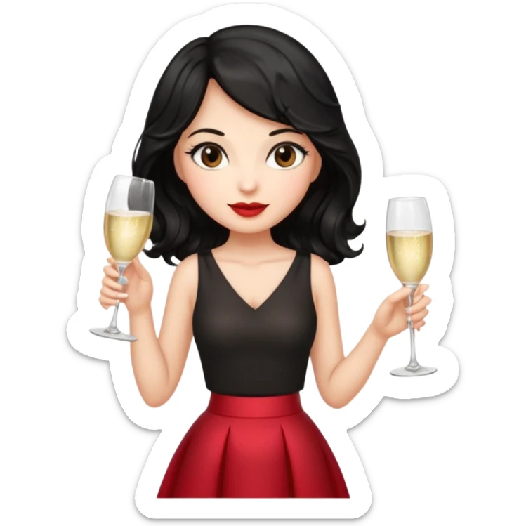 A woman with wavy black hair in a cherry skirt, beautiful and authoritative, drinking champagne sticker