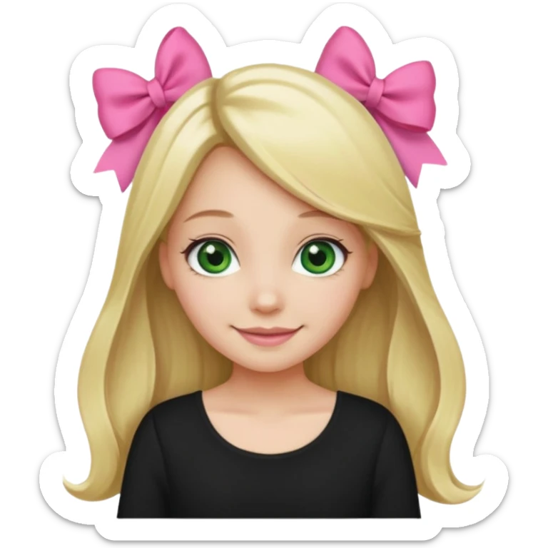 blonde girl middle part long hair , pink bow in hair, plain black top, green eyes. sticker