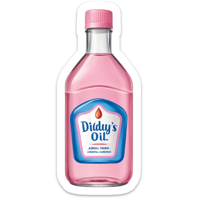 bottle of oil blue top pink outside with logo that says Diddys Oil Johnson and Johnson bottle  sticker