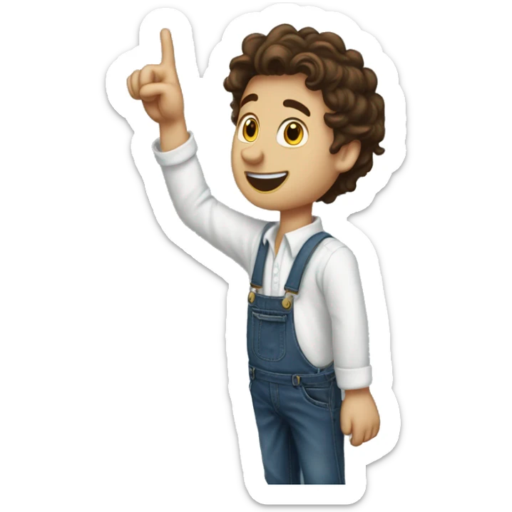 white boy pointing to the sky, dark brown wavy hair, wearing blue jeans overalls and white shirt, half body, from behind sticker