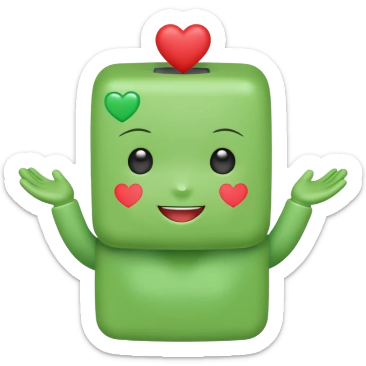 A cute green block-headed mascot with a happy face and blush, wearing “FGH” on its chest. It holds a shiny red heart in one hand. Chibi style, soft glow outline, cheerful and friendly. sticker