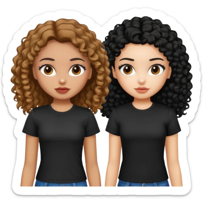 2 pretty bratz fair girls. One has straight brown hair and is tan, wearing a white tshirt. One is fair with curly black hair, wearing a black tshirt  sticker
