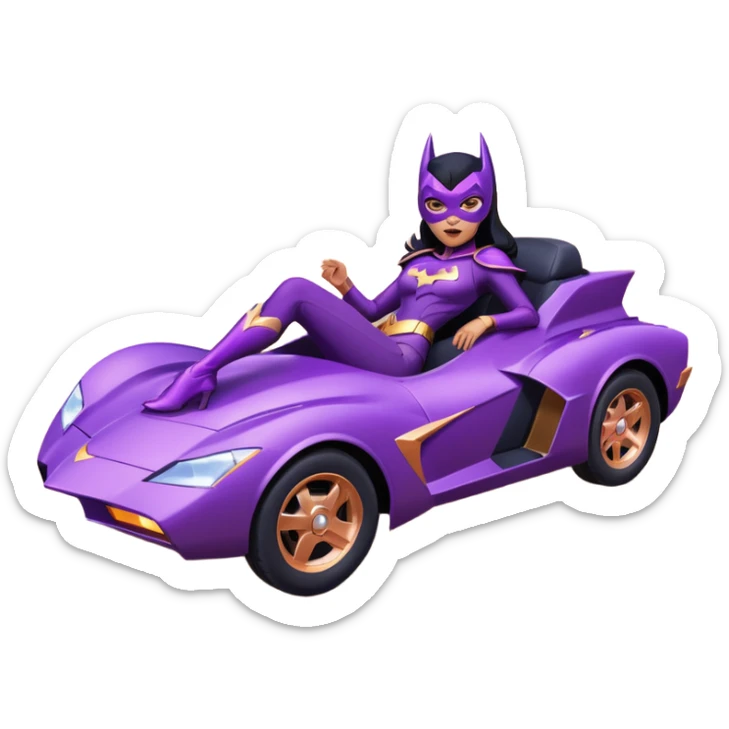 Hot full size real-appearance racing action BatGirl’s Lego feminine midnight-purple tight outfit sixty’s tv show 1992 stealth retro cat burglar sporty petite off-road pursuit hovering hover cruiser car rose gold accents (black hair,reclined and relaxed seating position and attitude) desert sticker