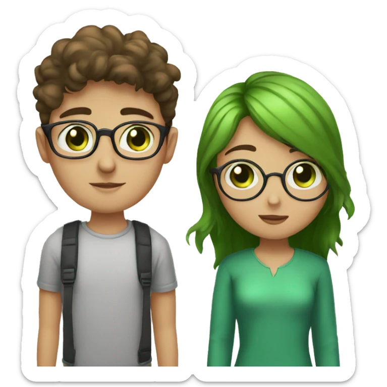 A heavy set boy with brown hair blue eyes and a mustache is kissing a green haired girl who is thin with green eyes and wearing glasses sticker