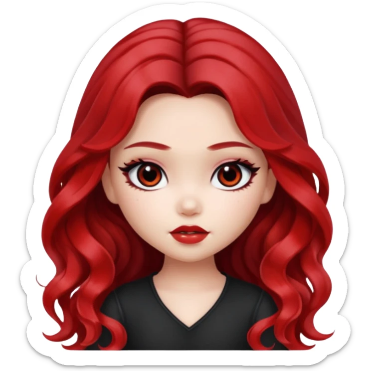 black ombre to red long wavy hair, pretty bratz baddie, pale skin, dark brown eyes, asian pretty bratz baddie sticker