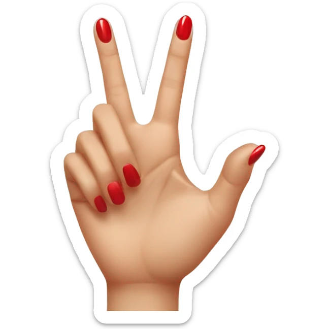 woman hand pointing index finger, red nail varnish. top of the hand is showing sticker
