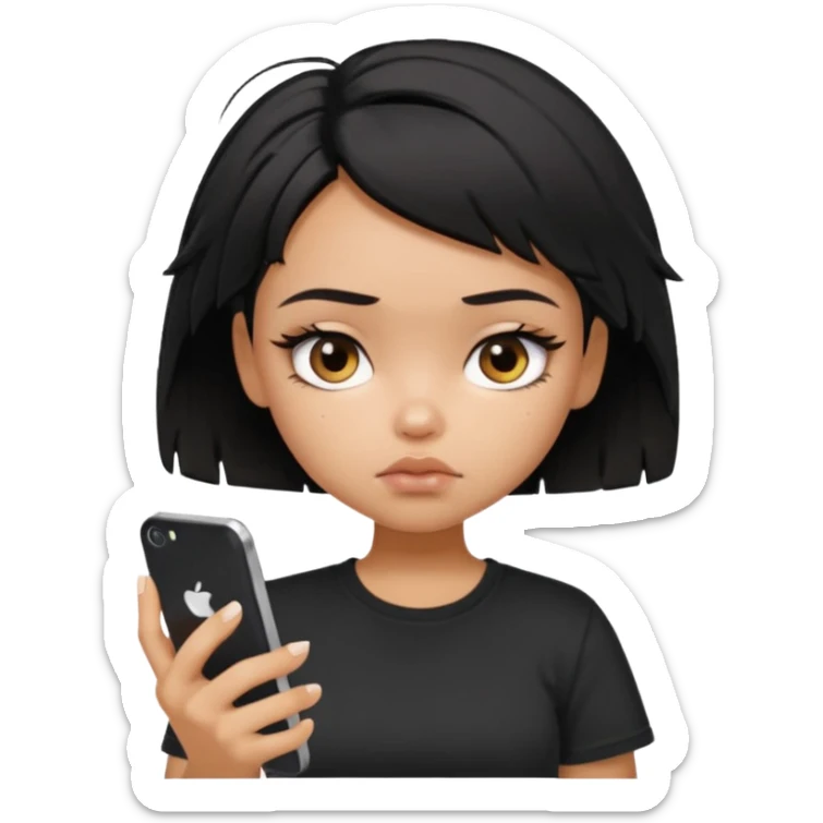 generate a pretty bratz girl with short black very messy hair, looking tired and using her phone, wearing an oversized black tshirt sticker