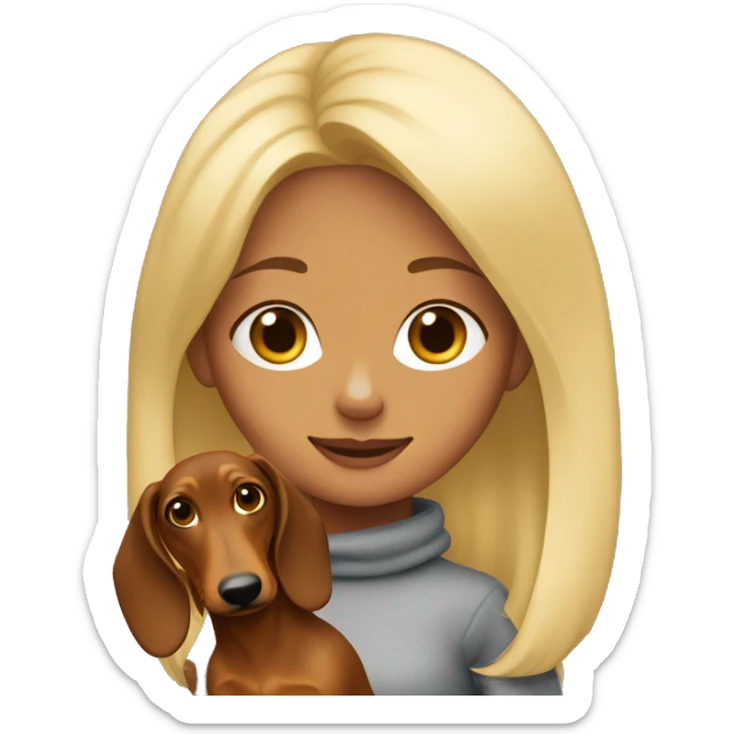 A girl with blonde hair with a brown dachshund in her arms sticker