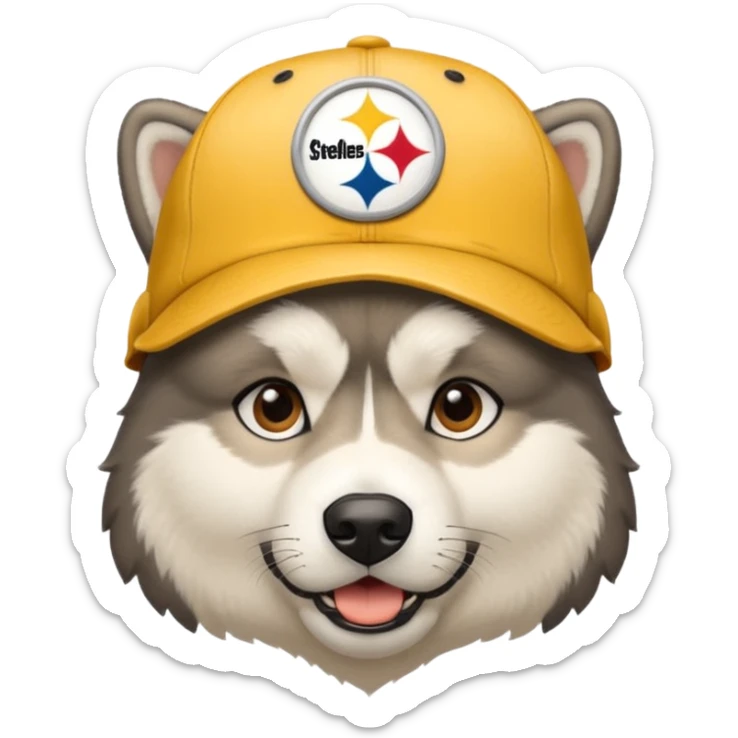 Face of young Malamute with cream face wearing Pittsburgh Steelers hat sticker
