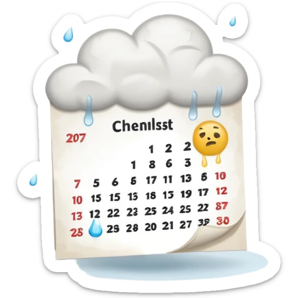 Minimalist emoji of a tilted, crumpled calendar page with faint, incomplete checklist marks, a small rain cloud dripping above it, and a dim, muted colour palette to symbolise a productivity slump and lost discipline. Flat vector style, soft shadows, transparent background sticker