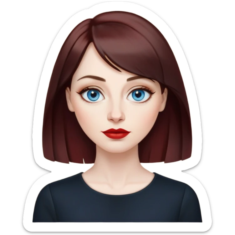 Artistic woman in her 40s with pale skin, oval face, large expressive blue eyes with eyeliner, thin arched eyebrows, small nose, full lips with red lipstick, dark auburn hair that's straight with slight waves at ends, straight bangs, wearing a black top, warm creative expression sticker