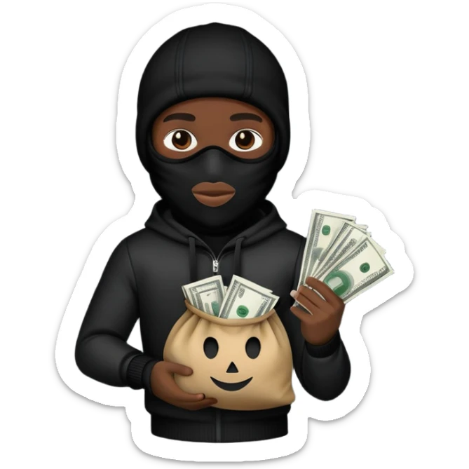 Ski mask holding money bag with black face like skin color black sticker