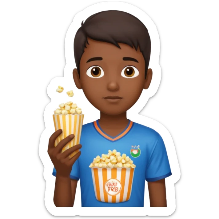 an indian boy wearing indian cricket jersey and eating popcorn sticker