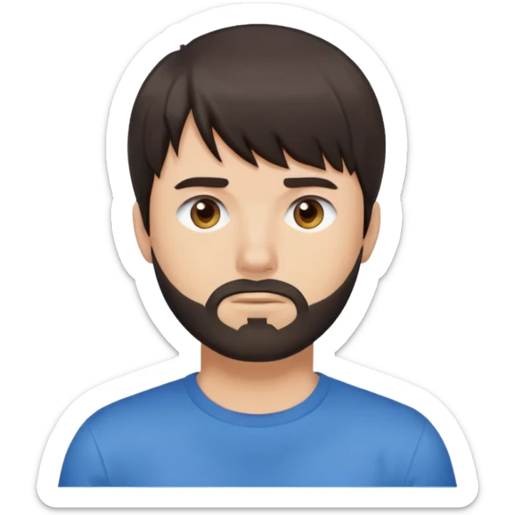 Man with dark brown straight hair and bangs, short beard covering whole face, neutral expression, basic blue t-shirt sticker