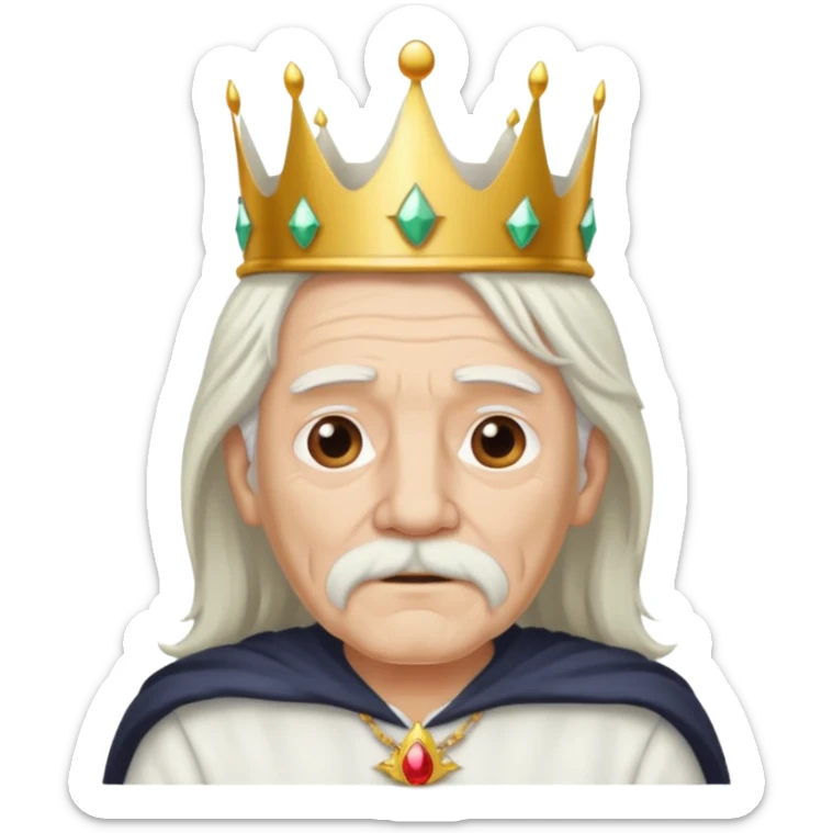 old man with long white hair and no moustache wearing a white shirt and a crown sticker