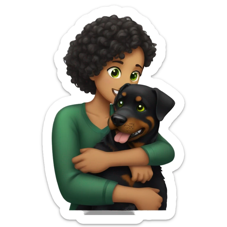 Rottweiler and a girl with curly hair and green eyes hugging sticker