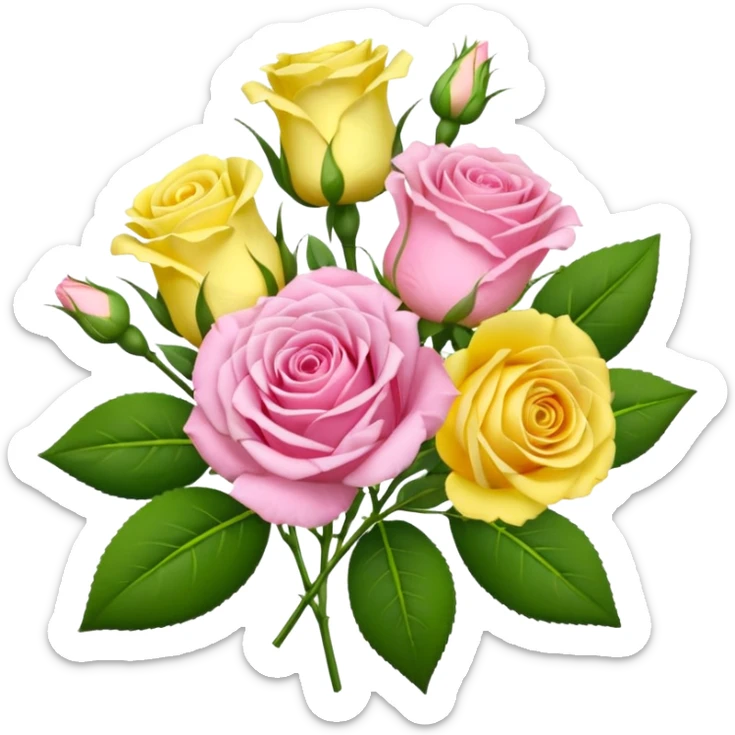 A mixed bouquet of four flowers, featuring pink roses and yellow lisianthus. sticker