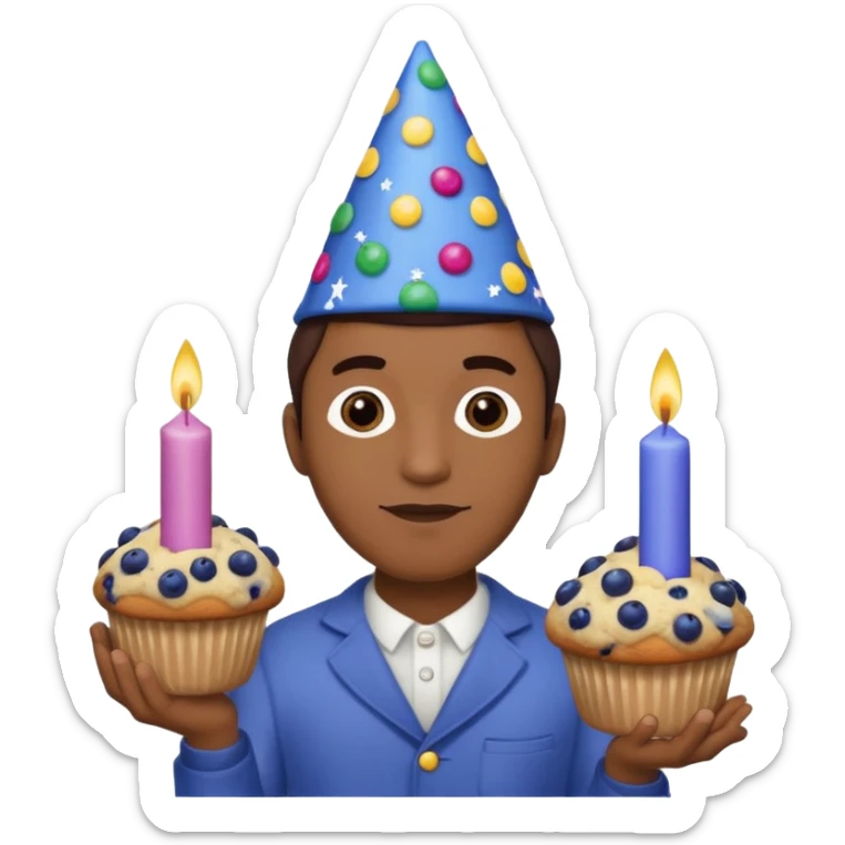 Blueberry Muffin celebrating birthday. Make sure it actually looks like a muffin with candles. Somebody holding it with party hat. Make it a man  sticker