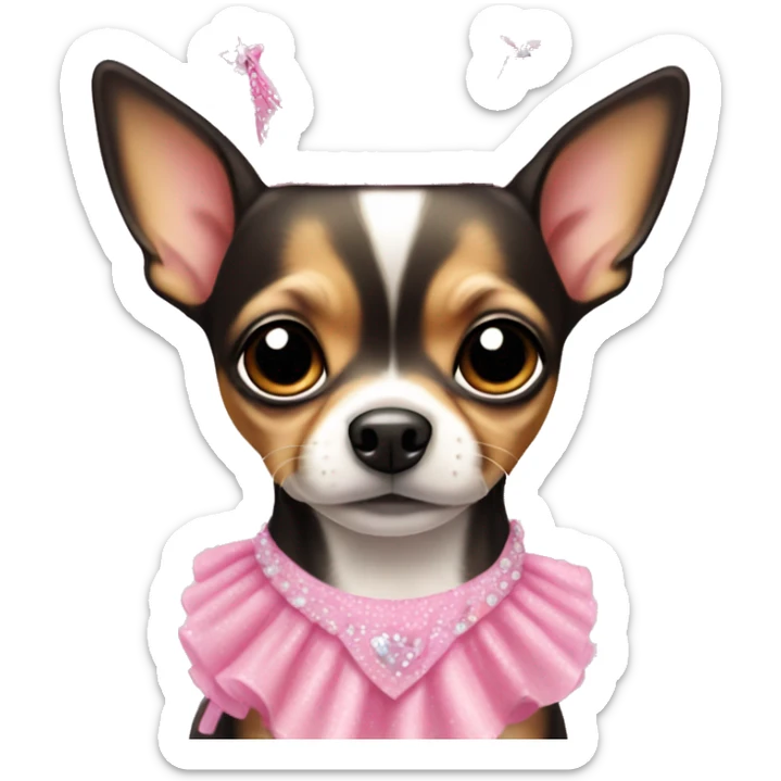 black & tan chihuahua puppy wearing a pink princess dress sticker