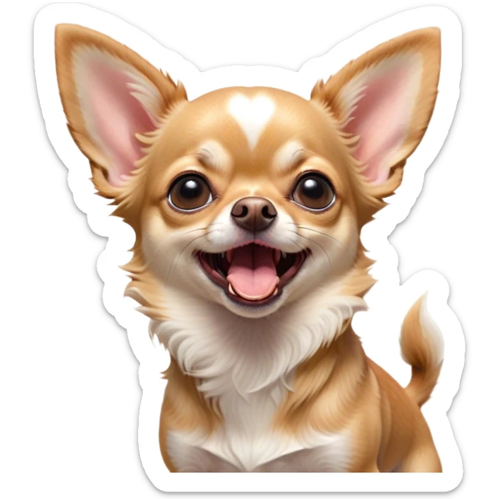 Cinematic Cute Yawning Fawn Short Haired Chihuahua Portrait Emoji, Head tilted slightly with a dramatic, wide-open yawn, soft fawn fur with a velvety texture, floppy ears slightly drooping, round dark eyes barely open in drowsy contentment, Simplified yet irresistibly adorable features, highly detailed, glowing with a soft, cozy glow, high shine, relaxed yet expressive, stylized with a touch of whimsy, bright and endearing, soft glowing outline, capturing the essence of a sleepy yet affectionate pup, so drowsy it feels like it could stretch right out of the screen and curl up for a nap! sticker