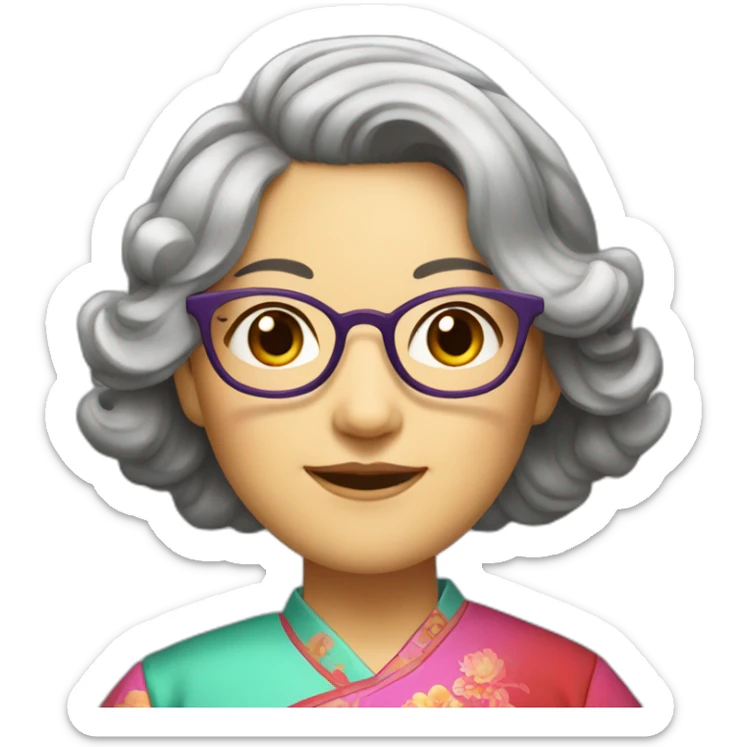 Chinese lady with like Lai gray hair wavy hair to the shoulder length where Chinese dress colourful dress wear glasses sticker