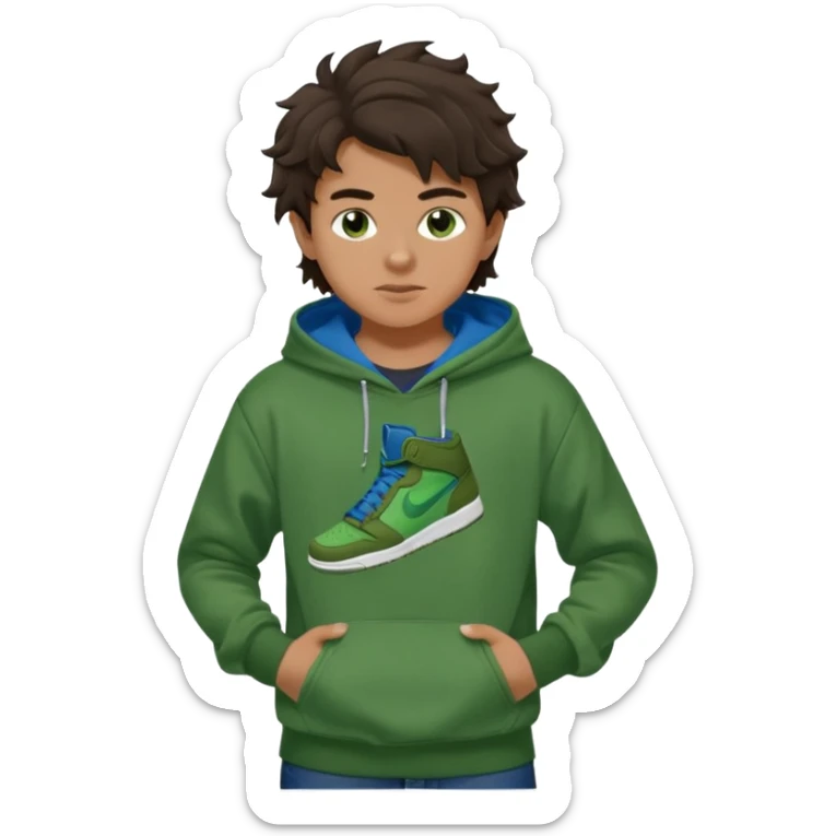 a 14 year old slightly tanned teenage boy with dark brown tousled wavy hair, dark brown eyes wearing a green tshirt, a dark green hoodie, blue jeans and green nike air jordans sticker