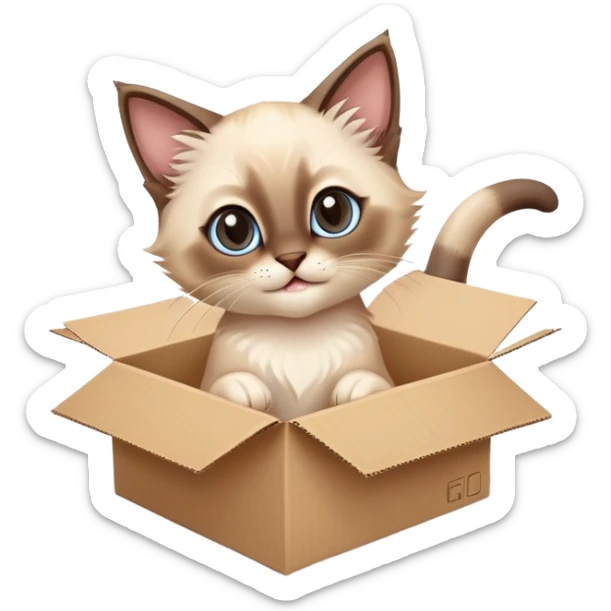  A very cute gery young happy kitten long hair Siamese Cat cat with one's head tilted to one side poked its paws out of the cardboard big box and placed them on top of it sticker