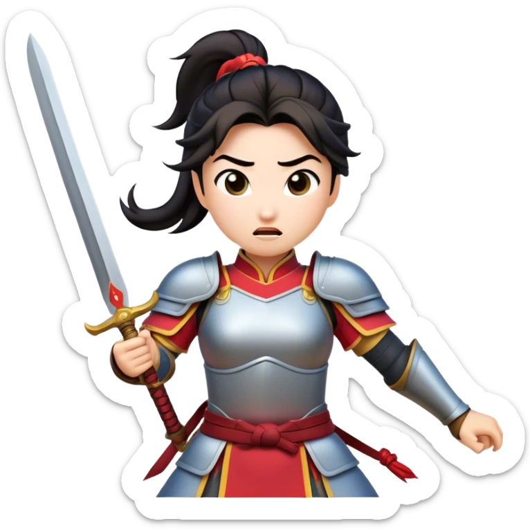 Cinematic Funny Mulan Portrait Emoji, Wearing her training armor too big, looking surprised as a sword nearly topples her over, a mix of warrior determination and hilarious inexperience, a comical yet endearing moment in her transformation! sticker